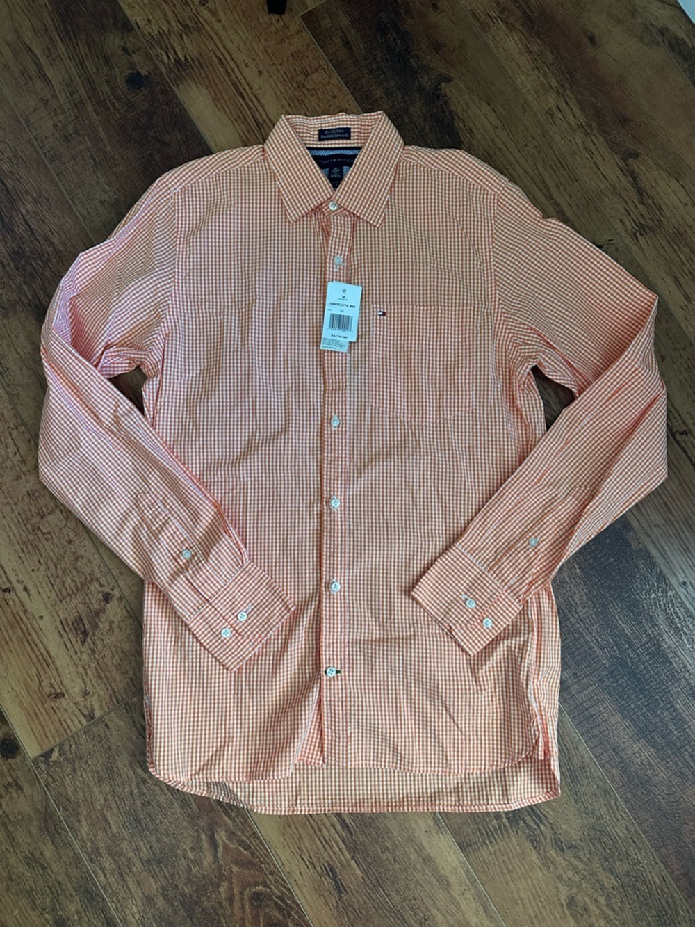 Tommy Hilfiger Men's Custom Fit Orange Check Cotton Long Sleeve Button-Up XS